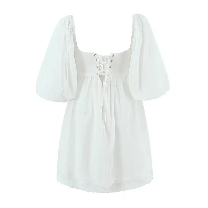 Kiszah White Lace V Neck Shaped Bust Self Tie Back Short Sleeves Mini Dress