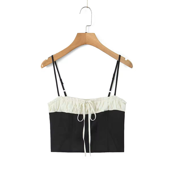 Ferris Black White Patchwork Design Front Lace up Crop Tank Top