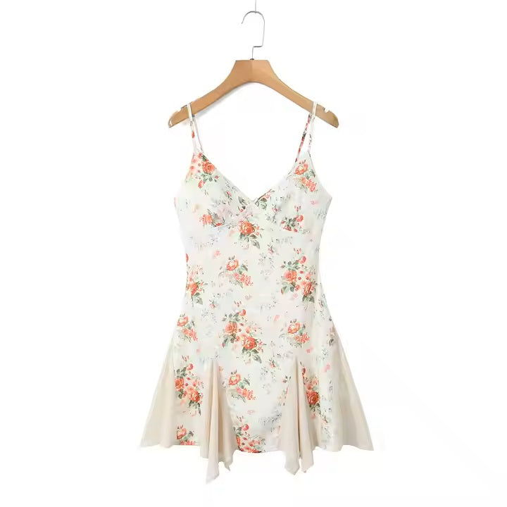 Sybil Beige Floral Print V-Neck Mini Dress