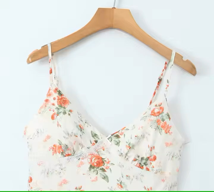 Sybil Beige Floral Print V-Neck Mini Dress