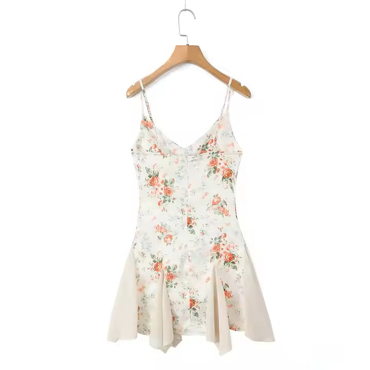 Sybil Beige Floral Print V-Neck Mini Dress