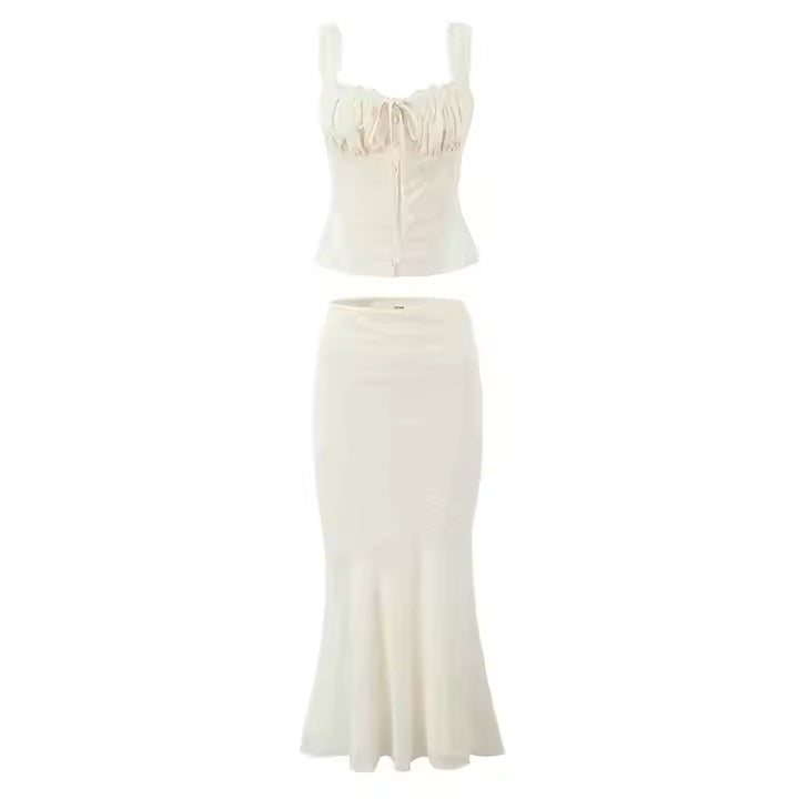 Epiphany Beige Front Lace up Rutched Bust Tank Top Mermaid Midi Skirt 2 Piece Set