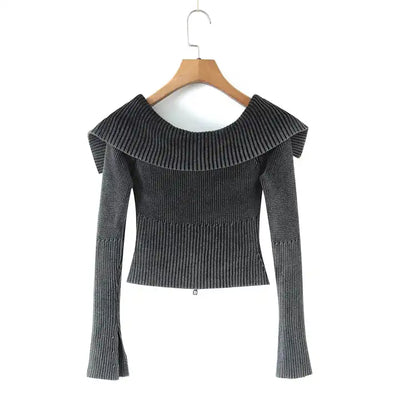 Shenna Black Corduroy Turn Down Collar Zipper Fly Long Sleeves with Slit Cardigan Top
