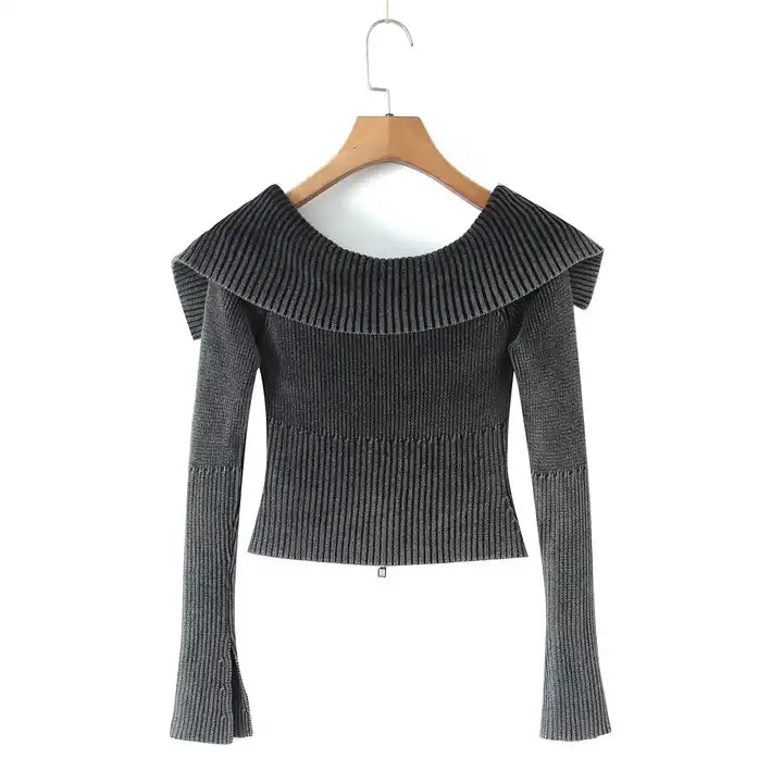Shenna Black Corduroy Turn Down Collar Zipper Fly Long Sleeves with Slit Cardigan Top