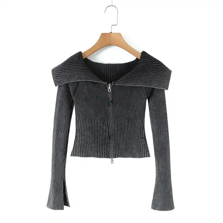 Shenna Black Corduroy Turn Down Collar Zipper Fly Long Sleeves with Slit Cardigan Top