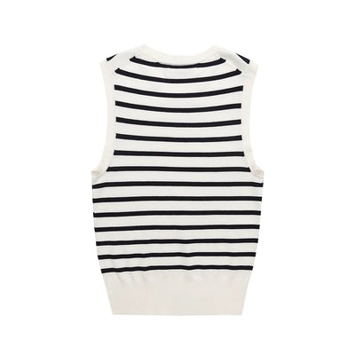 Riguel White with Black Stripes Round Neck Knitted Sleeveless Top