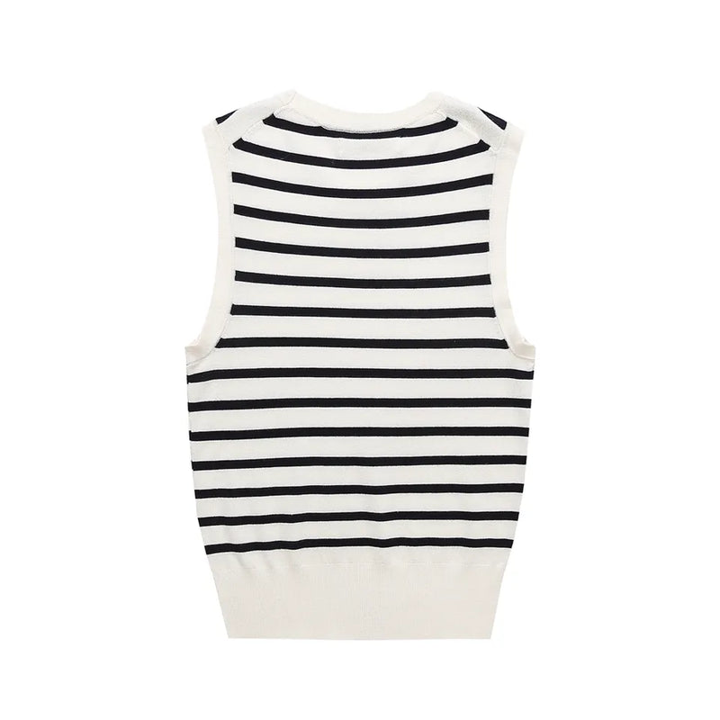 Riguel White with Black Stripes Round Neck Knitted Sleeveless Top