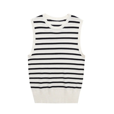 Riguel White with Black Stripes Round Neck Knitted Sleeveless Top
