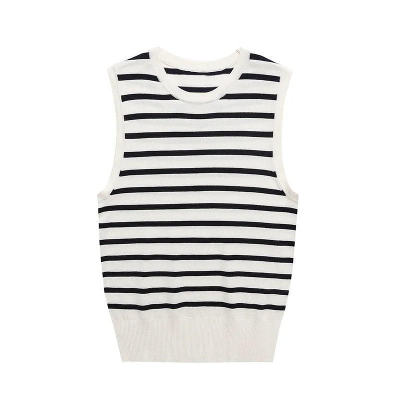 Riguel White with Black Stripes Round Neck Knitted Sleeveless Top