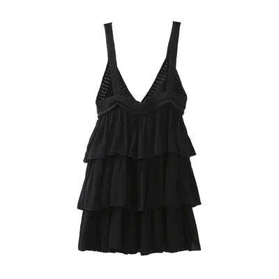 Tinlee Black V Neck Knitted Lace Up Tiered Sleeveless Mini Dress