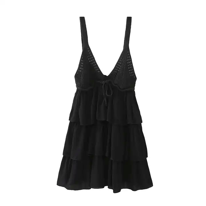 Tinlee Black V Neck Knitted Lace Up Tiered Sleeveless Mini Dress
