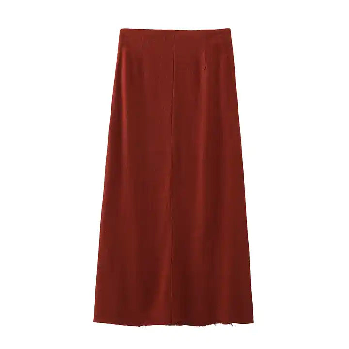 Aidy Burgandy Zipper Fly Raw Hem Midi Skirt