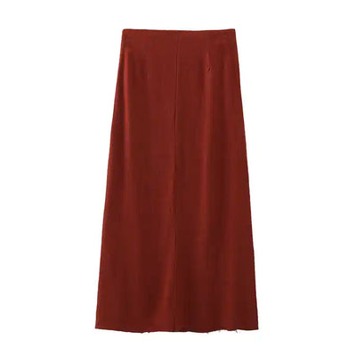 Aidy Burgandy Zipper Fly Raw Hem Midi Skirt