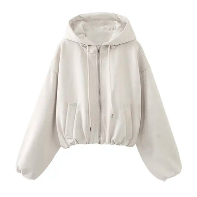 Jarra Beige Zipper Fly Elastic Wasit Drawstring Long Sleeve Oversize Hoodie Jacket
