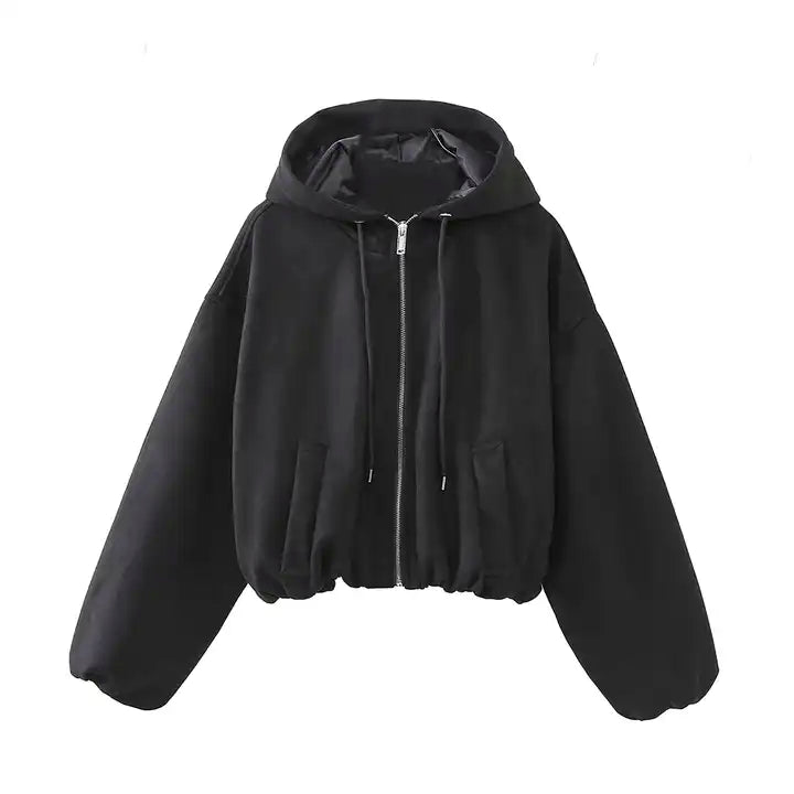 Jarra Black Zipper Fly Elastic Wasit Drawstring Long Sleeve Oversize Hoodie Jacket
