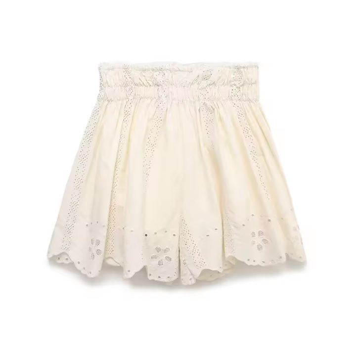 Gemini Beige Embroidered Elastic Waist Pleated Mini Skirt