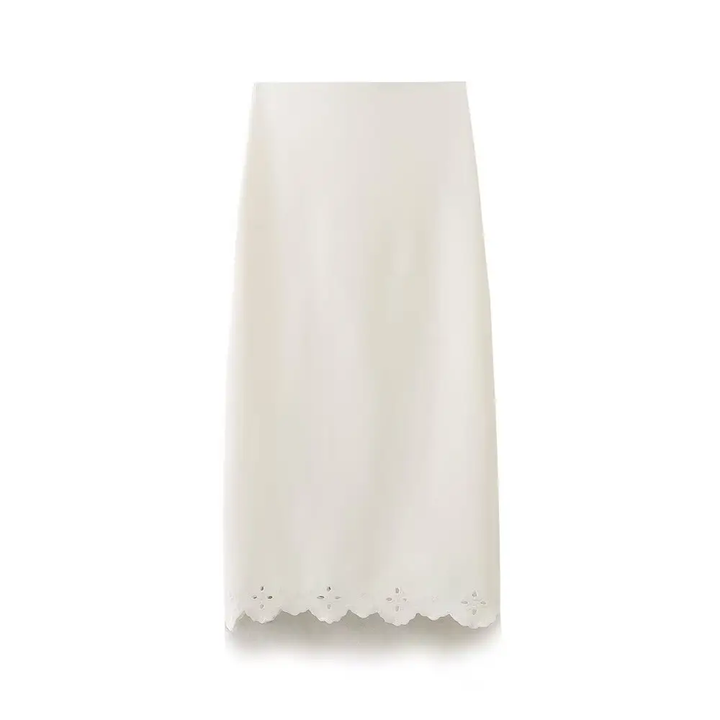 Nicole White Embroidered  High Waist Knit Midi Skirt