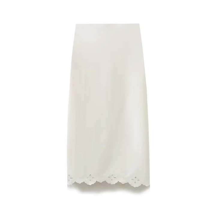 Nicole White Embroidered  High Waist Knit Midi Skirt