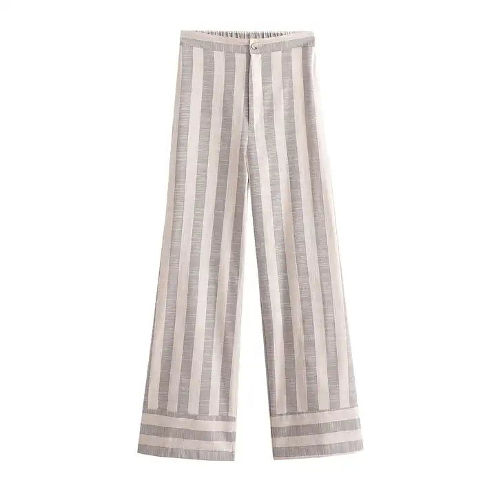 Miara Grey and White Stripes Elastic Wasit Straight Cut Trouser Pants