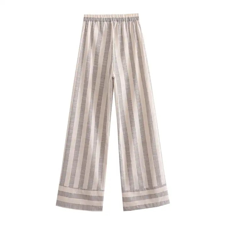 Miara Grey and White Stripes Elastic Wasit Straight Cut Trouser Pants