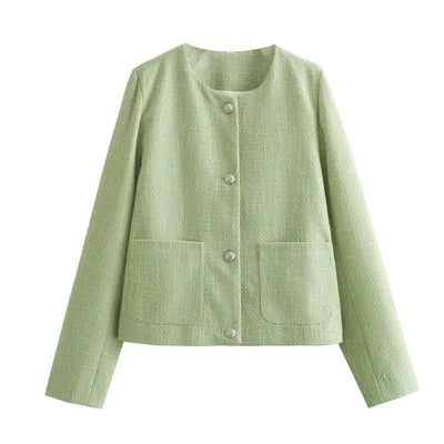 Peachy Green Round Neck Buttons Up Front Pockets Long Sleeve Tweed Top