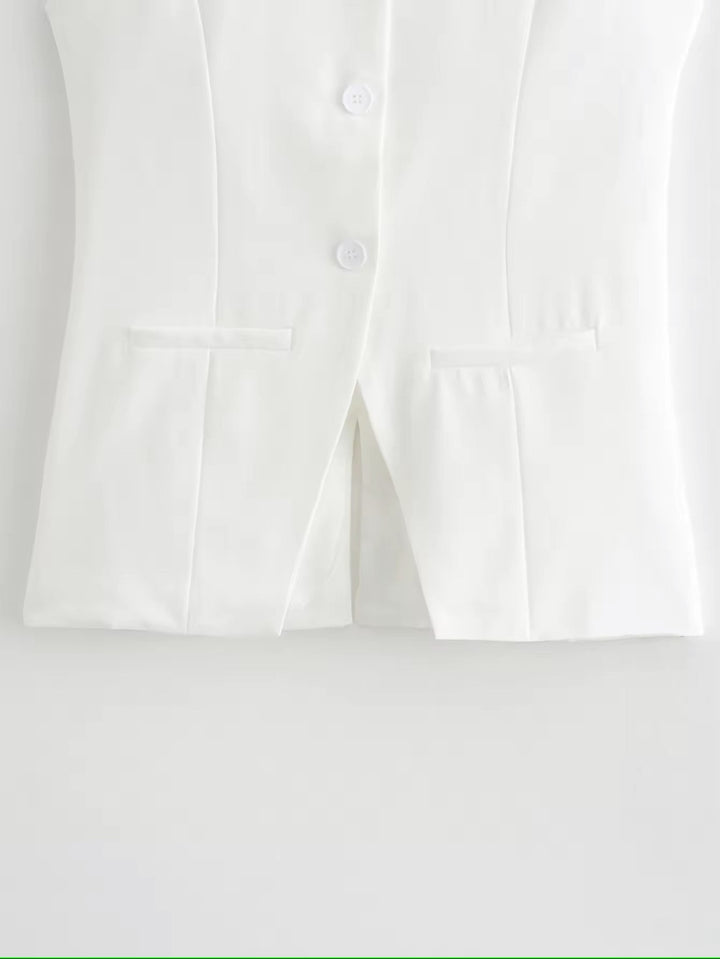 Nolana White Round Neck Button Down Closure Sleeveless Slim Suit Vest