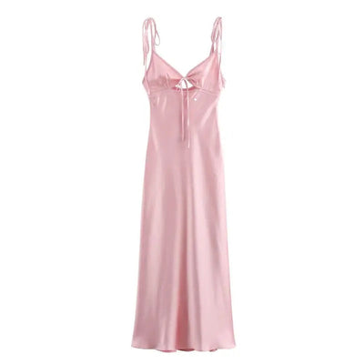 Athena Pink Deep V-neck Back Hollow out Midi Dress