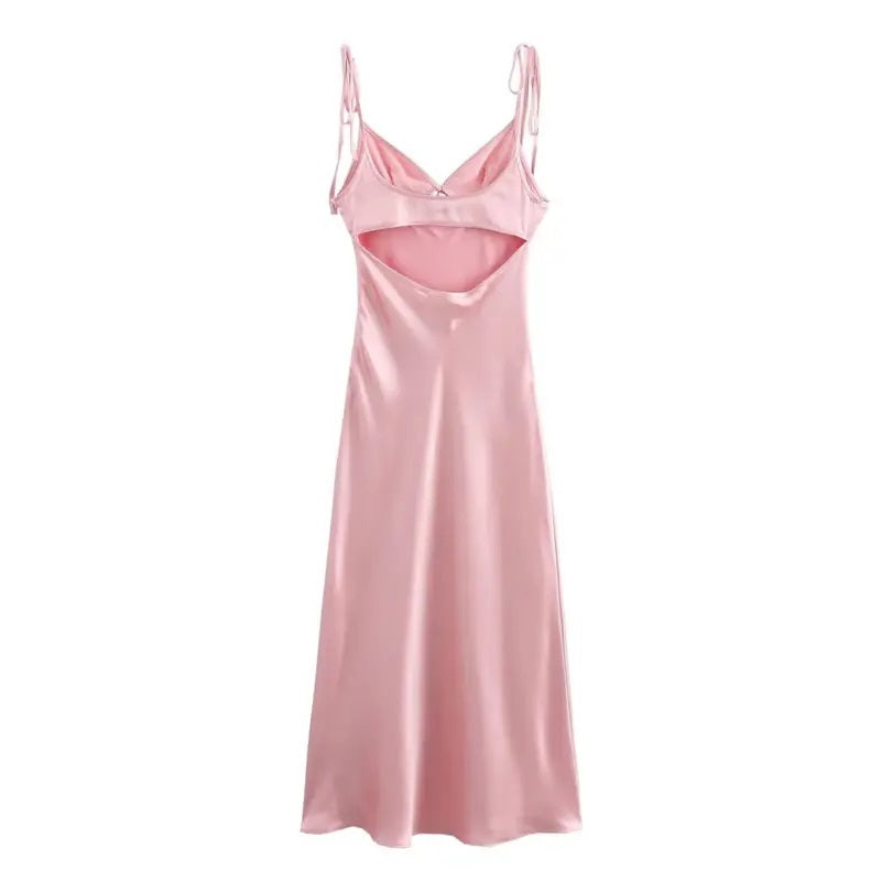 Athena Pink Deep V-neck Back Hollow out Midi Dress