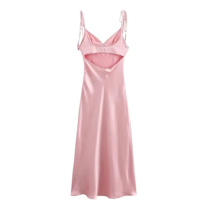 Athena Pink Deep V-neck Back Hollow out Midi Dress