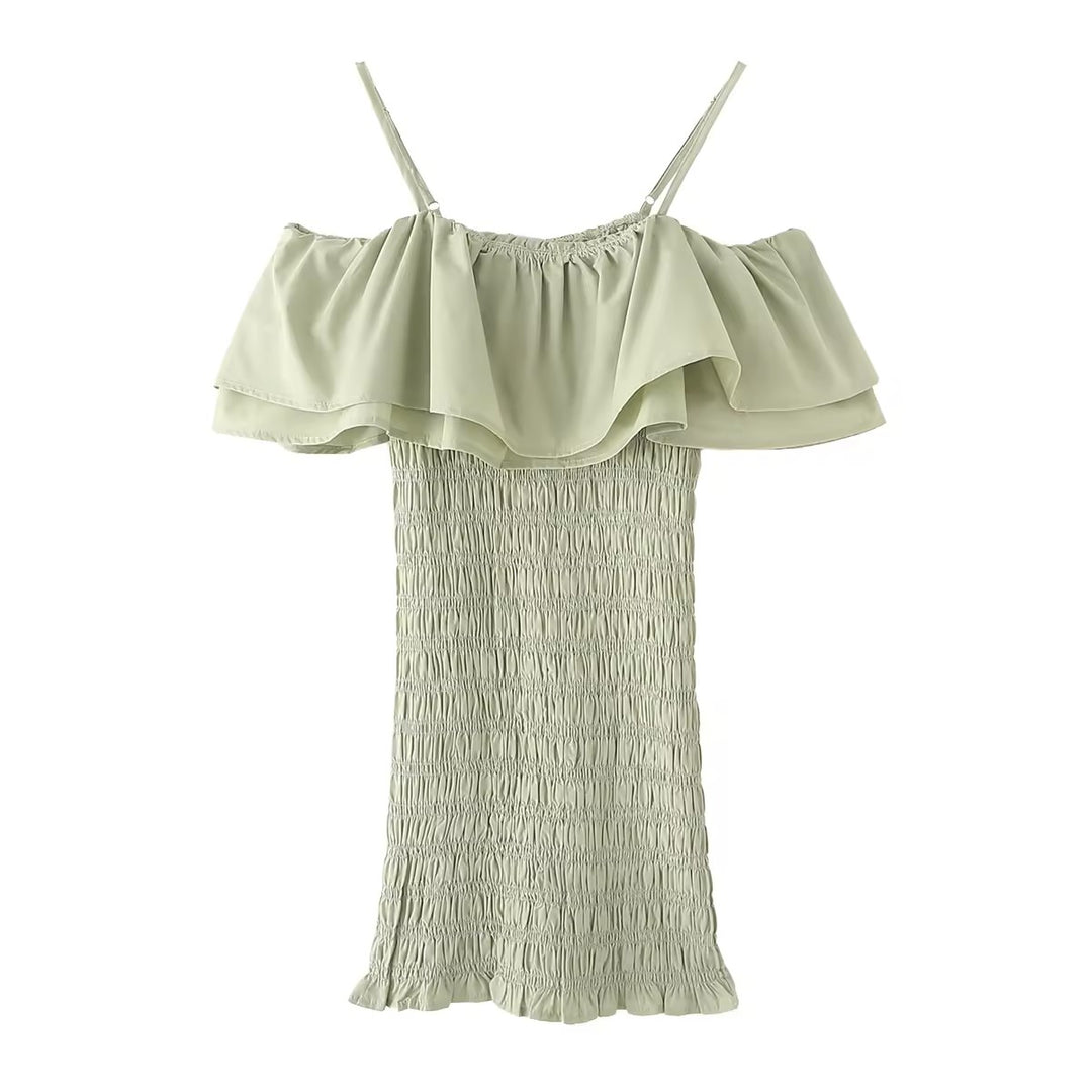 Veridian Pastel Green Smocked Off Shoulder Mini Slip Dress