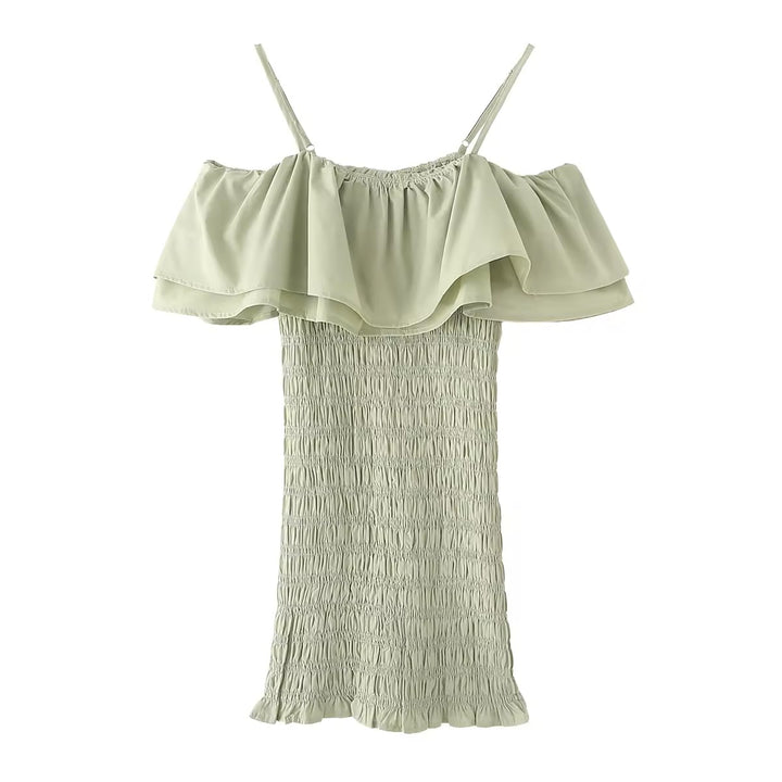 Veridian Pastel Green Smocked Off Shoulder Mini Slip Dress