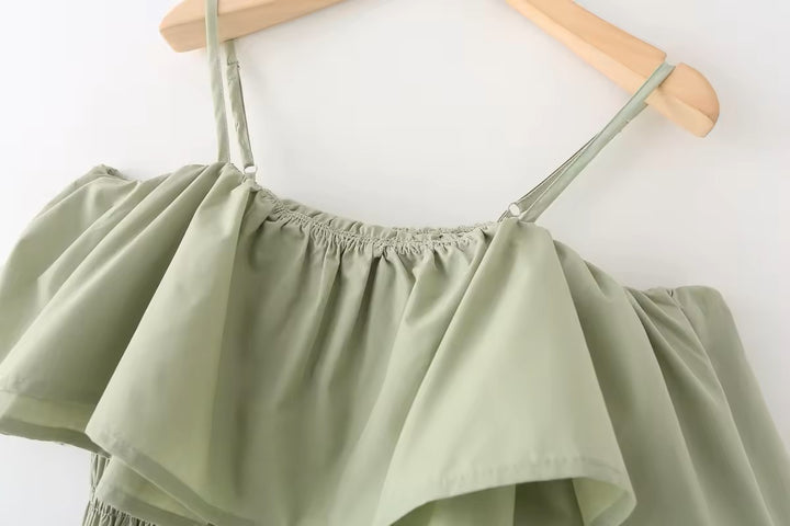 Veridian Pastel Green Smocked Off Shoulder Mini Slip Dress