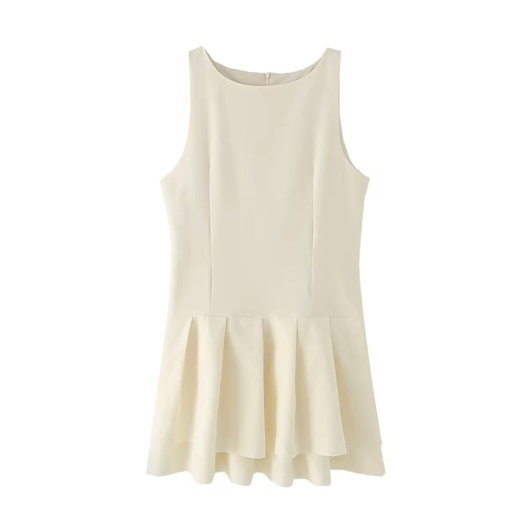 Chantrea Beige Crew Neck Pleated Mini Dress