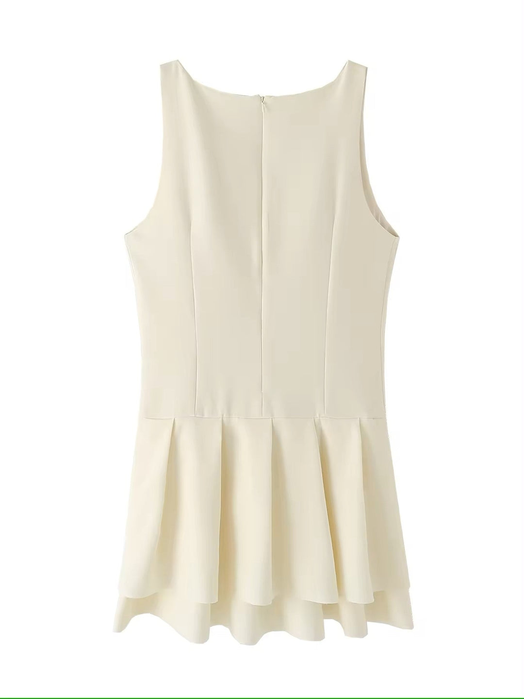 Chantrea Beige Crew Neck Pleated Mini Dress