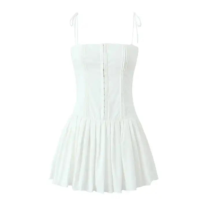 Edzel White Sleeveless Hook Closure Pleated Skirt Back Zipper Mini Dress