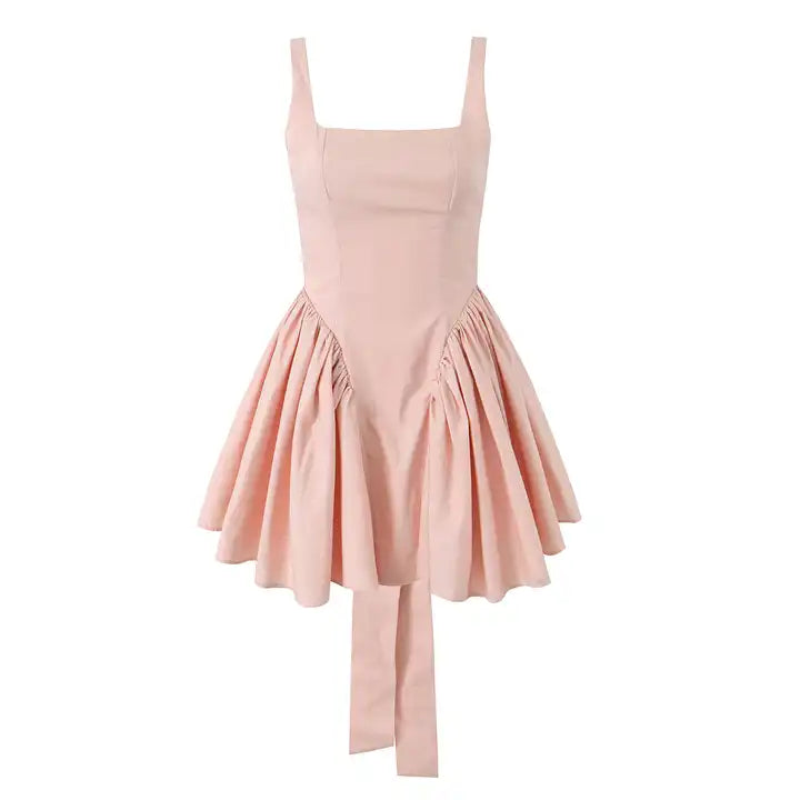 Kiehl Pink Square Neckline Pleated Skirt Big Bow Sexy Back Detail Mini Dress