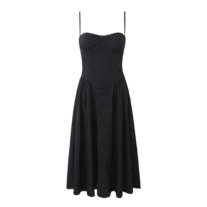 Hiraya Black Sweetheart Neckline Shaped Bust Back Zipper Pleated Skirt Sleeveless Midi Dress