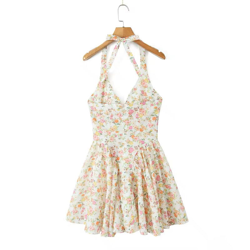 Posie Multi Color Floral Print Back Hollow out Halter Mini Dress