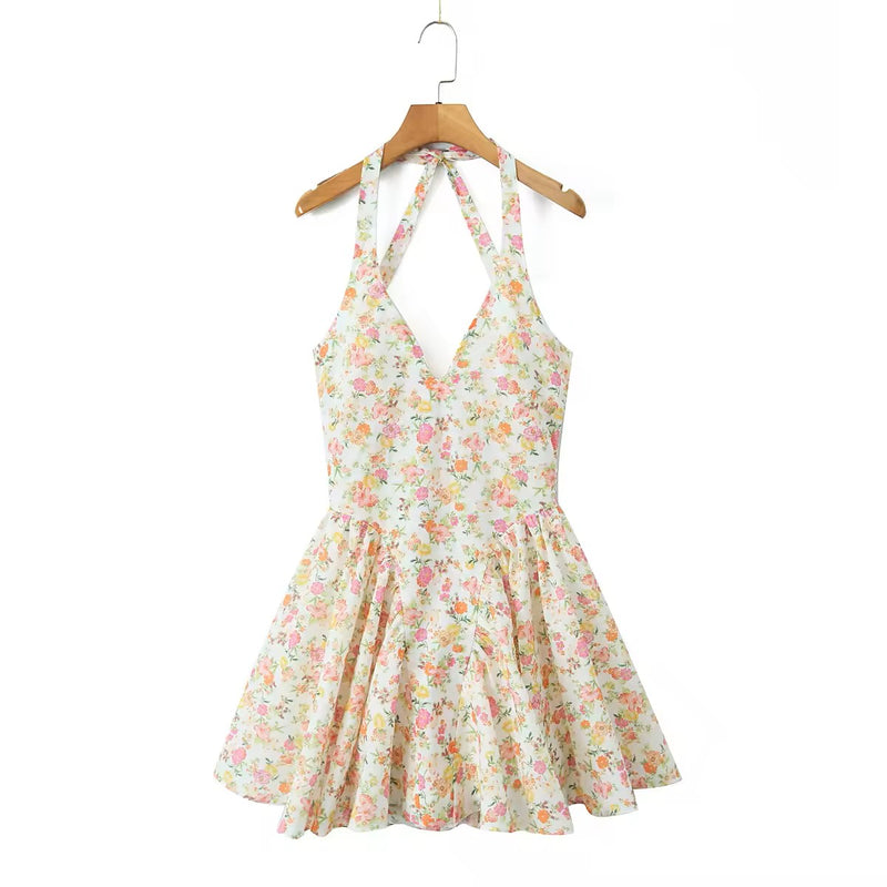 Posie Multi Color Floral Print Back Hollow out Halter Mini Dress