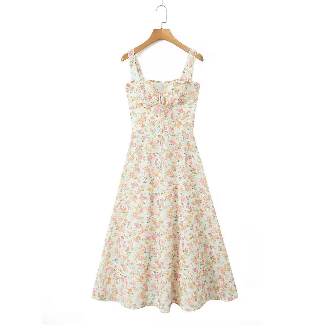Nigella Multi Color Floral Print Front Lace up Midi Dress