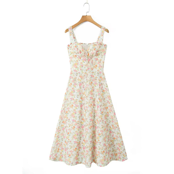 Nigella Multi Color Floral Print Front Lace up Midi Dress