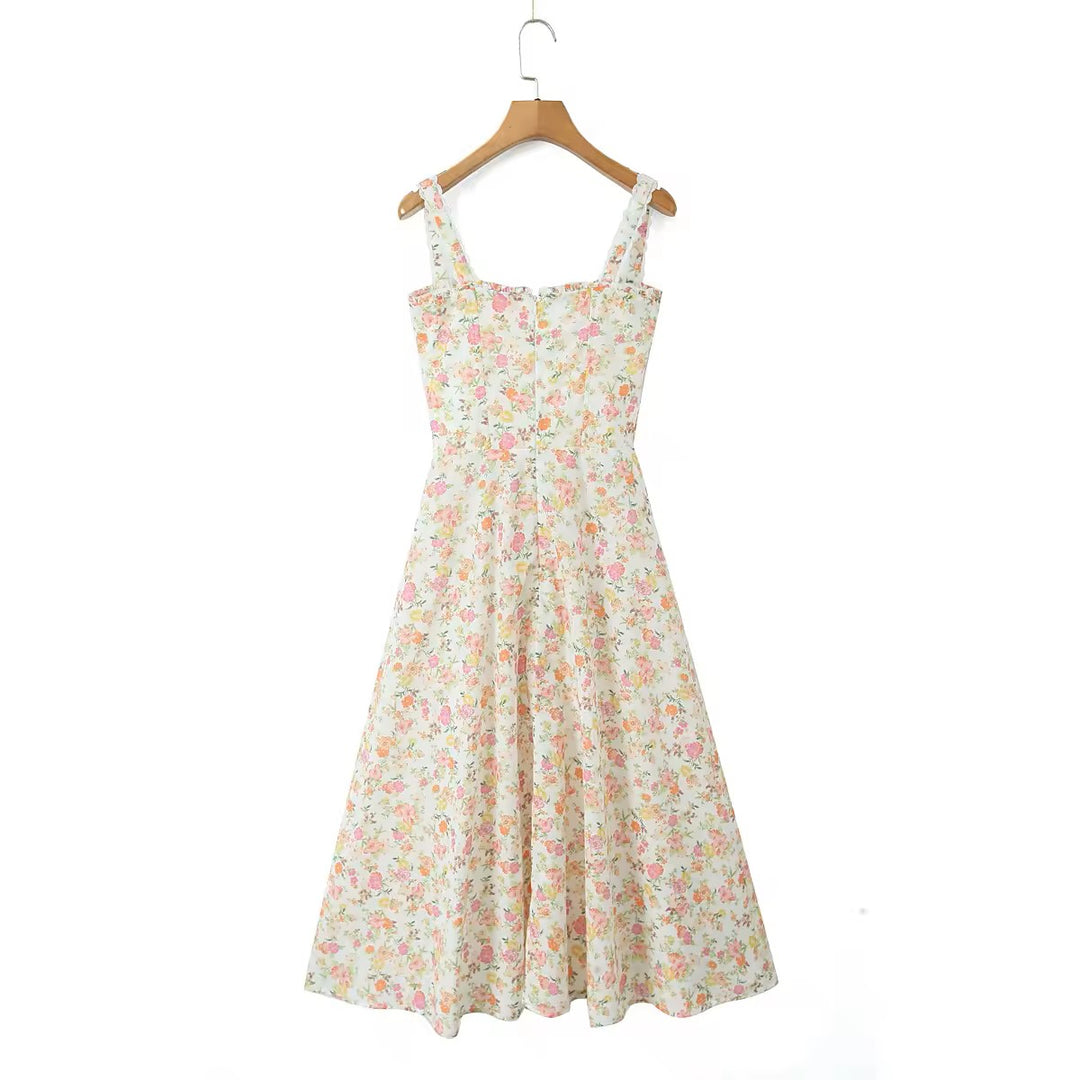 Nigella Multi Color Floral Print Front Lace up Midi Dress