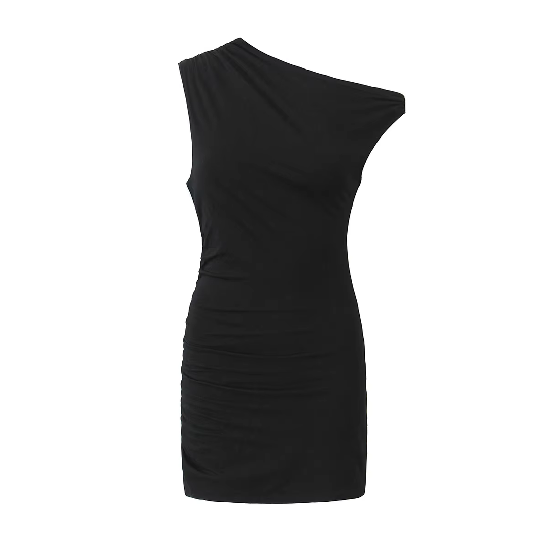 Naya Black Asymmetrical Neckline Sleeveless Mini Dress