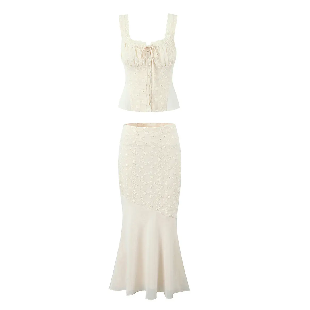 Alice Beige Floral Embroidery Midi Skirt