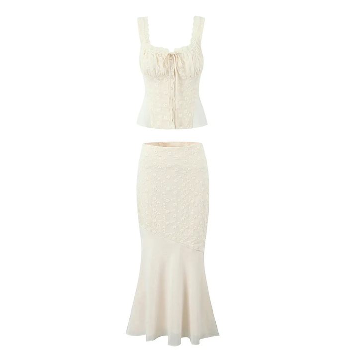 Alice Beige Floral Embroidery Midi Skirt