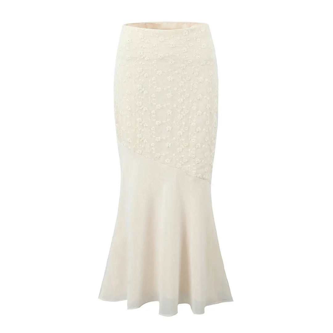 Alice Beige Floral Embroidery Midi Skirt