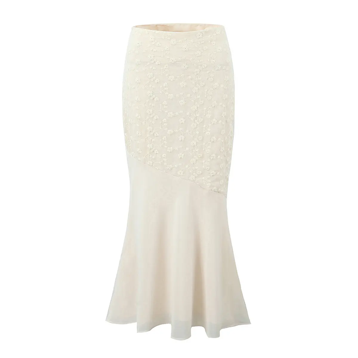 Alice Beige Floral Embroidery Midi Skirt