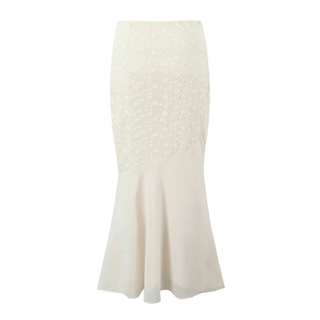 Alice Beige Floral Embroidery Midi Skirt