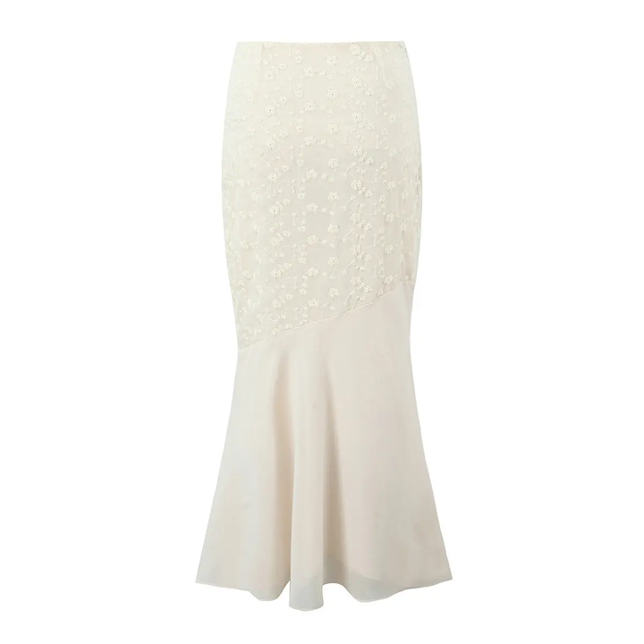 Alice Beige Floral Embroidery Midi Skirt