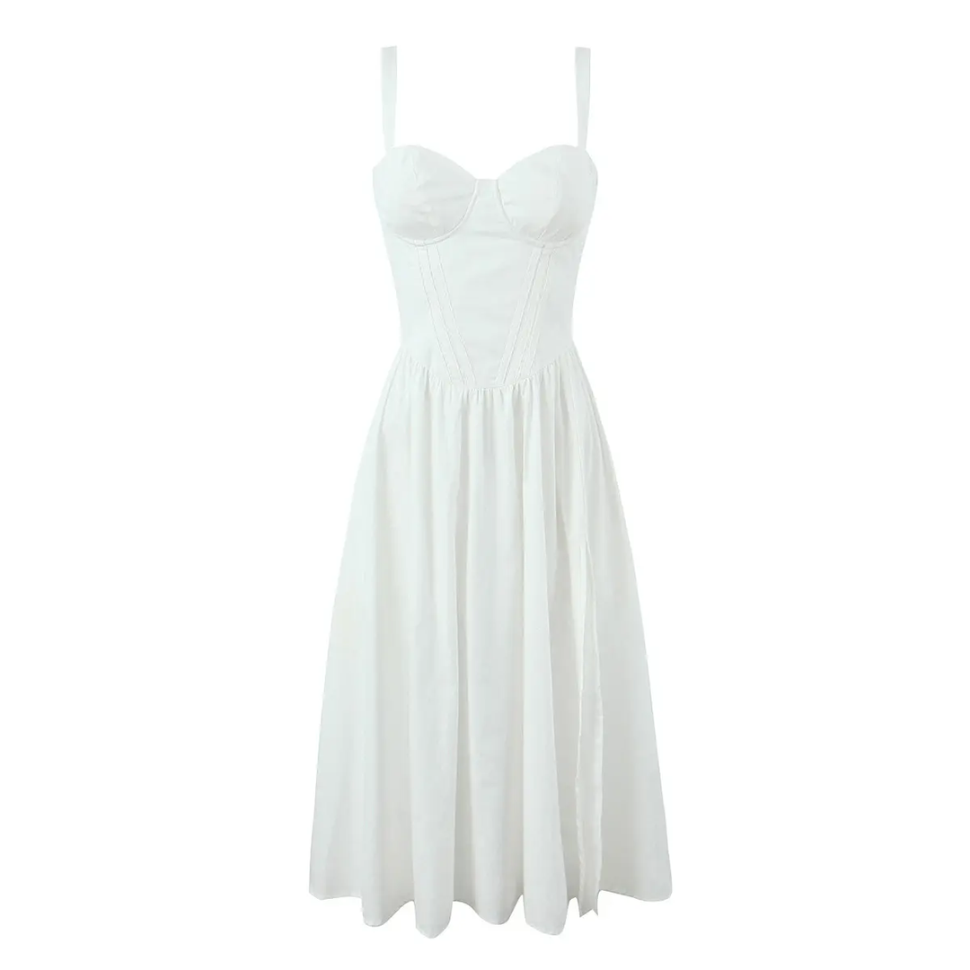 Gabriel White Sweetheart Neckline Sleeveless Side Slit Midi Dress